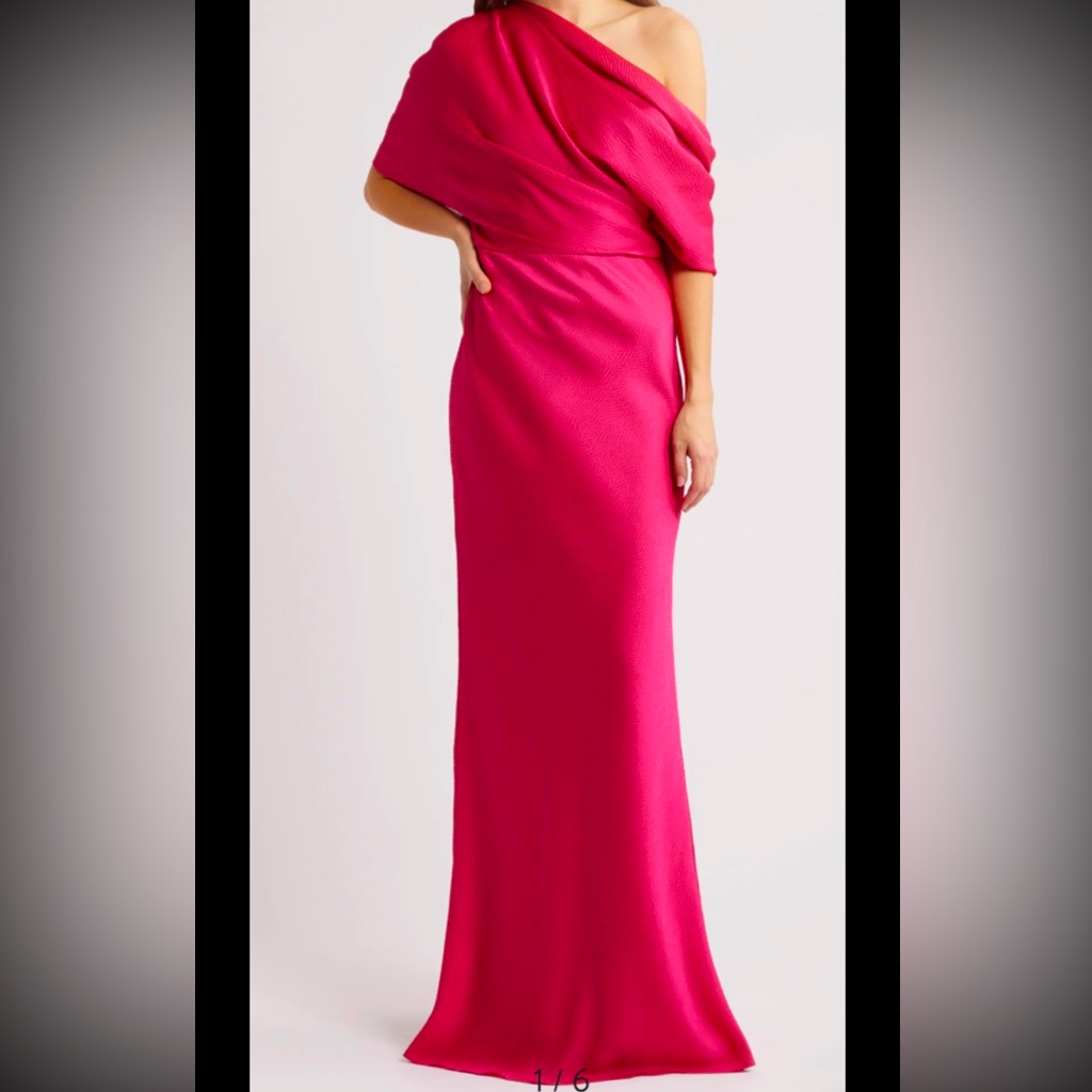 Amsale Slouch One-Shoulder Hammered Satin Gown, Sz 4, New, Magenta